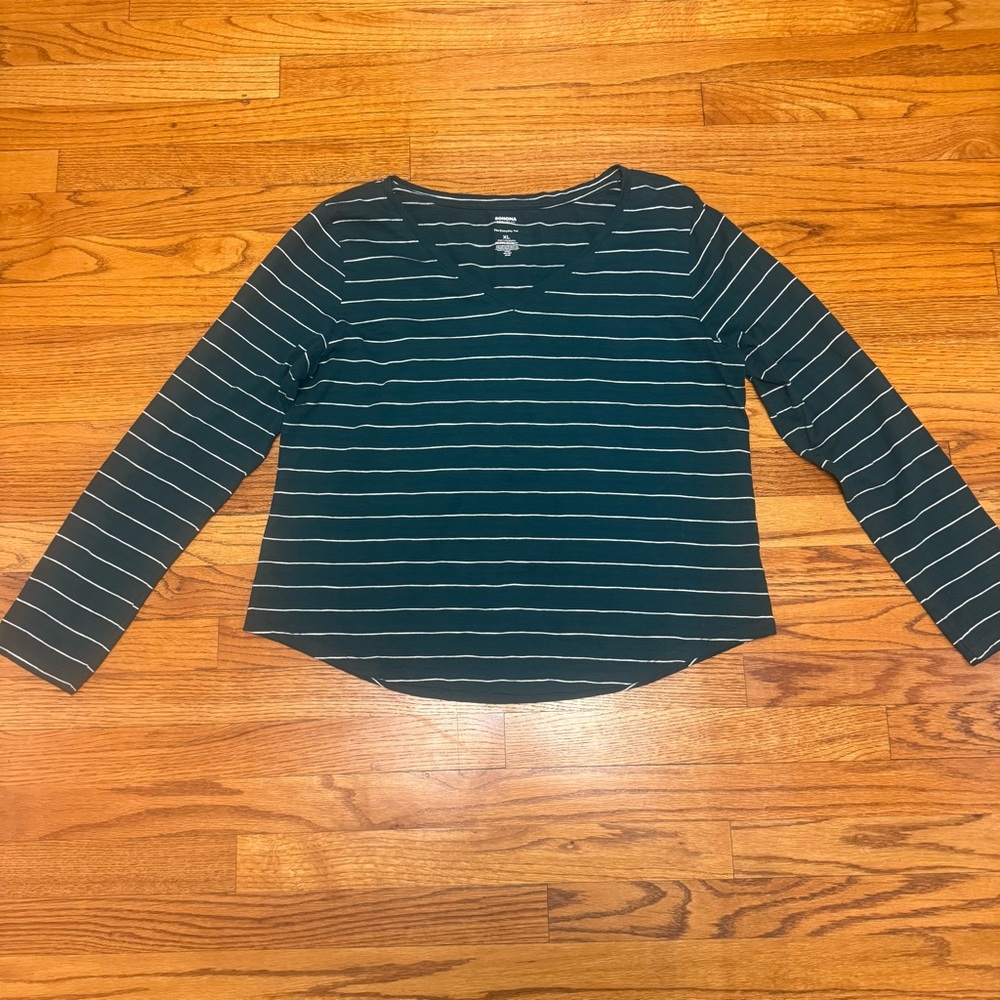 Sonoma Everyday Tee XL Green White Striped Long Sleeve Shirt